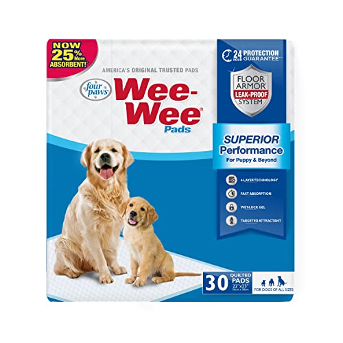 Four Paws Wee-Wee Superior Performance Unscented Pee Pads for Dogs & Puppies Quilted Leak-Proof Dog Housebreaking Potty Training Floor Protection 22 x 23 30 Count