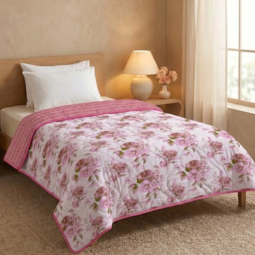 Image of HUESLAND Reversible AC Quilt Blanket Single Bed | 100% Cotton Quilted Shell, Super Soft 120 GSM Microfibre Wadding | Lightweight Comforter for All Weather Use | 55 x 88 inches, Blushing Blooms