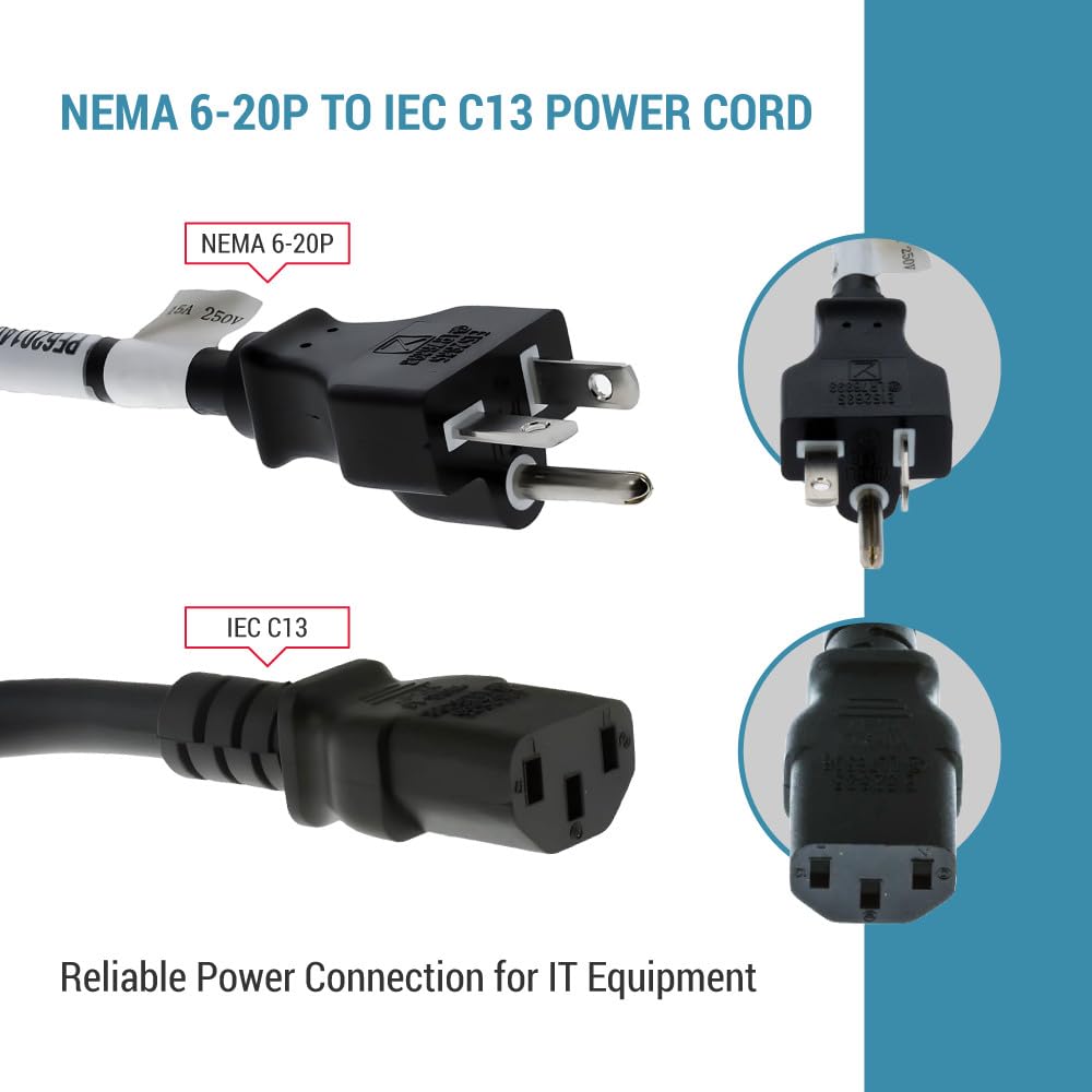 CablesAndKits - Robustes AC-Netzkabel (3 m) – 15 Ampere/250 Volt, 14 AWG, 6–20P auf C13, (NEMA 6–20P auf IEC-60320-C13) – Verlängerungskabel Stecker auf Buchse für PC- und Computerausrüstung