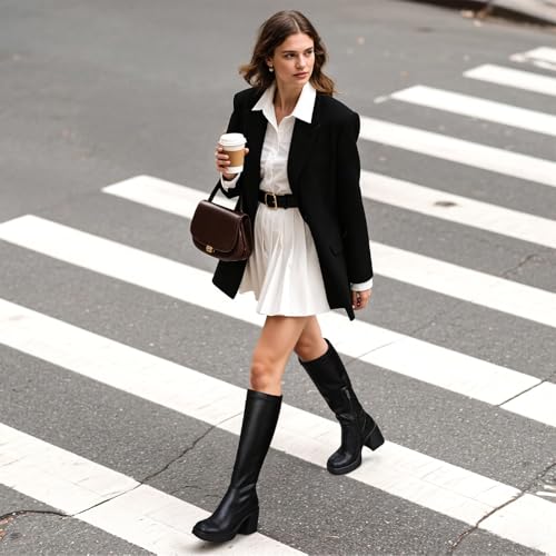Image of Choiran Knee High Boots for Women - Platform Chunky Square Toe Tall Boots with Block Heeled Side Zipper, Fashion Long Gogo Boots for Spring Fall
