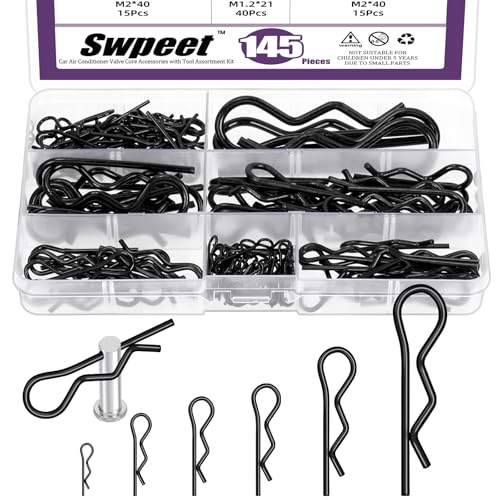 Swpeet Lot de 145 pièces 6 tailles en acier au carbone galvanisé noir Cotter Pin Kit d'assortiment de broches d'embrayage Pinces R Clips Stylos de fixation Pinces à cheveux Épingles à Ressort Fixateur