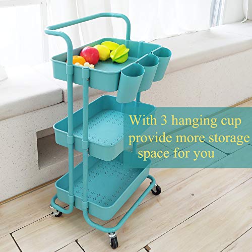 Lontenrea 3-Tier Multifunction Rolling Cart Utility Storage Shelves Cart with Hanging Cup Lockable Wheels and Handle for Office Living Room Kitchen Bathroom (Blue)