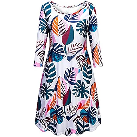 LURANEE Womens Casual 3/4 Sleeve Knee Length Crew Neck Tunic Dress with Pockets, White Leaf, XXX-Large Cover