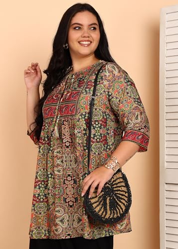 Image of Yash Gallery Women's Polyester Relaxed Fit Short Floral Placet 3 /4 Sleeve and Keyhole Neck Printed Kurti