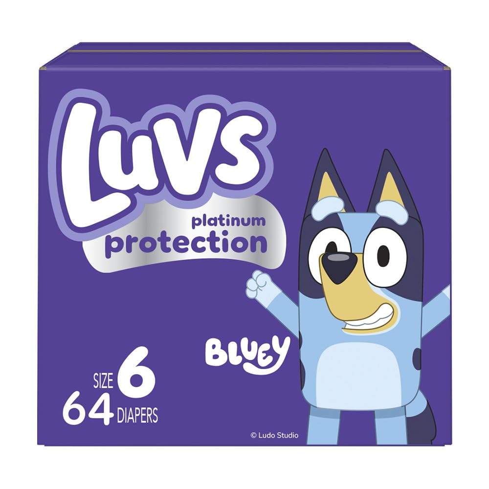 Luvs Size 6 Baby Diapers, Platinum Protection Bluey Diapers for Day &amp; Night,Size 6 (35+ lb), 64 Count