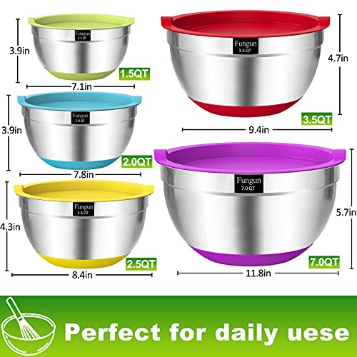Mixing Bowls with Airtight Lids, Fungun 18 PCS Stainless Steel Colorful Nesting Mixing Bowls Set for Baking, Mixing, Serving & Nesting, Size, 7, 3.5, 2.5, 2, 1.5 qt, with Non-Slip Bottoms - Thumbnail 2