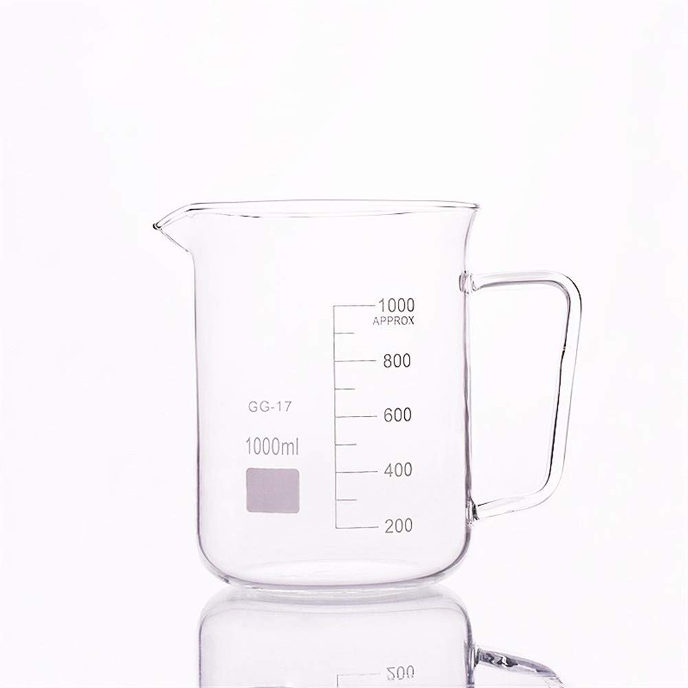 HMTE Vaso de precipitados de Vidrio en Formato bajo, Capacidad 1000 ml, Diámetro Exterior = 114 mm, Altura = 155 mm, Vaso de precipitados de Laboratorio con asa (Capacidad: 1000 ml) (1000 ml)