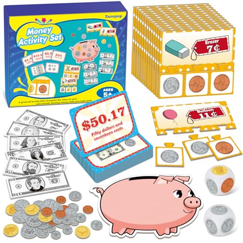Zazopup Pretend Play Money for Kids for Learning, Math Manipulatives for Toddlers, Math Games for Teaching, Counting, Educational Card Games,Bills and Coins,Kindergartner Classroom,Homeschool Supplies