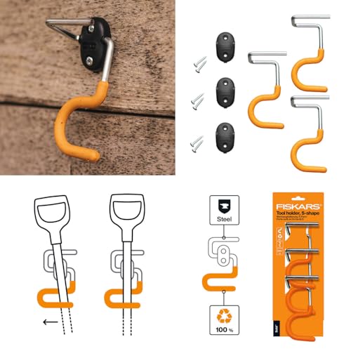 Fiskars Werkzeughalterungen, Solid, S-Form, Wandhalterungen für Gartengeräte mit langem Stiel, Weicher Überzug, Recyceltes Material, Orange, 3 Stück, 1057584