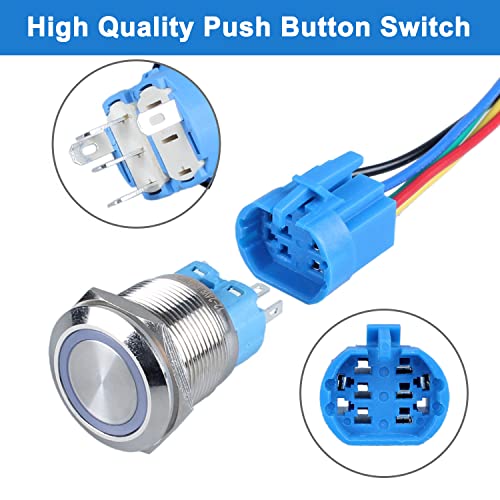 Image of 2pcs 22mm Metal Latching Push Button Switch Silver Shell with Pigtail for 7 /8 inch Mounting Hole, 12V-24V ON Off 5Pins 1NO 1NC Halo Ring Green
