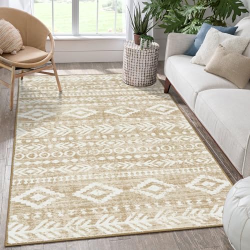 Lahome Boho Geometric Area Rugs 5x7, Low-Pile Soft Washable Tan R...