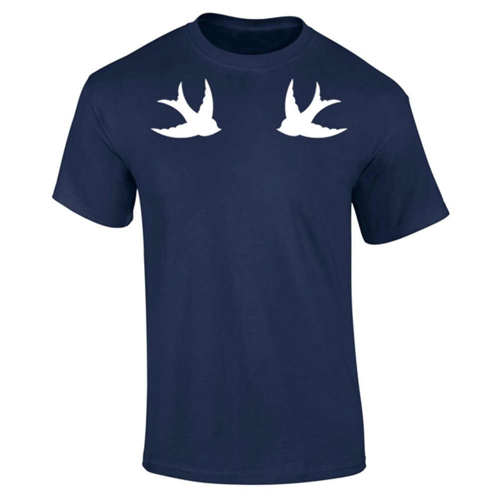 Mens Swallows Birds Tattoo Style T-Shirt Navy Blue (XXL)