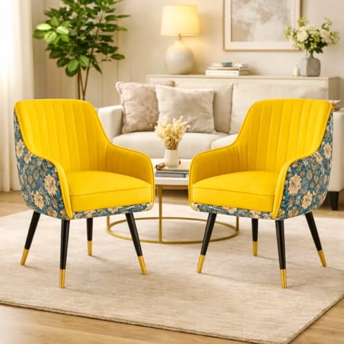 Image of Set of 2 Accent Chair for Living Room | Modern Armchair in Soft Velvet Fabric with Sturdy Legs | Premium Chair for Home Living Room Bedroom Restaurent | (Dual Fabric, Yellow)