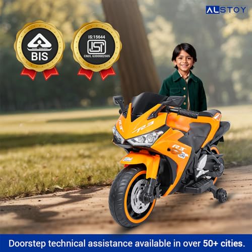 Image of Alstoy Ninja Ride-On Bike for Kids | 12V Rechargeable Battery Electric Toy Bike | Bluetooth Music | 35kg Capacity | Ages 3-8 Boys & Girls | BIS /ISI Approved | 6-Month Warranty | Large | Orange