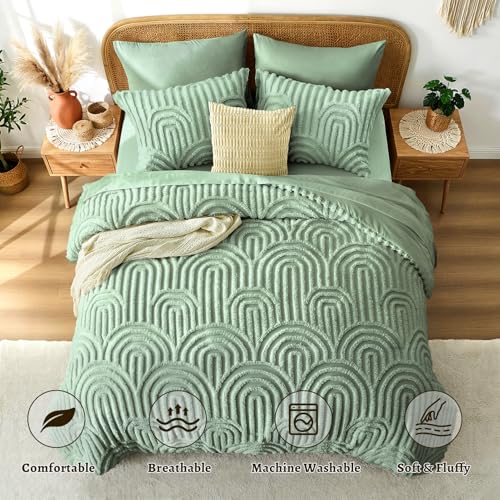 Image of Nesker Boho Tufted Full Comforter Set, 7 Pcs Sage Green Bedding Sets, Soft Cozy Chic Bed in a Bag, Arch Pattern Shabby Bed Set All Season with Comforter, Fitted Sheet, Flat Sheet & Pillowcases