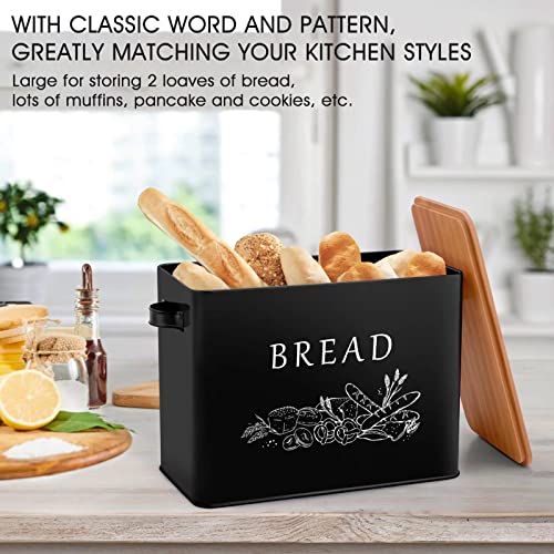 Teamfar Bread Box With Wooden Lid, 13.1” X 7.2” X 9.7” Metal Bread Container Storage Holder For Family Farmhouse Kitchen Countertop, Powder-Coated & Healthy, Large Capacity & Classic Pattern (Black) #TOP2