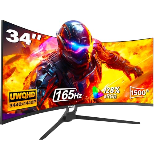 Gawfolk 34 Zoll Ultrawide Curved Gaming Monitor, 1500R PC Bildschirm 165hz UWQHD 3440x1440, Gebogenes Computer Bildschirm mit FreeSync und Eye Care Technologie, unterstützt VESA 75 x 75 mm