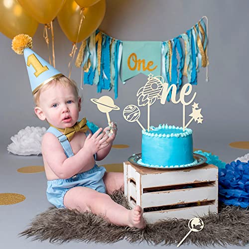 Bkeecten 5Pcs Outer Space Wood One Cake Toppers - Rocket 1St Birthday Cake Topper, Wood Star Planet Cupcake Decor, Outer Space Diy Cake Toppers Decor For Kids 1St Birthday Baby Shower Party Favor #TOP4