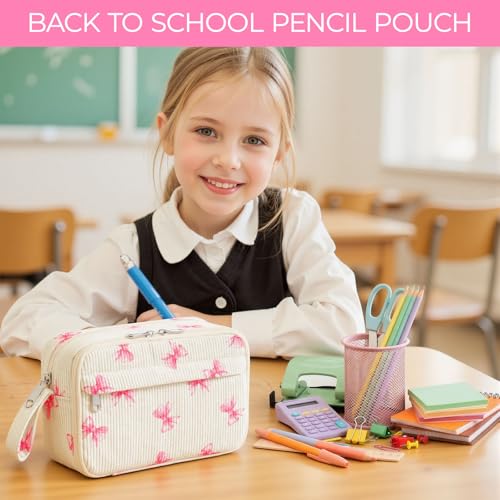 Image of WOBAGMEN Cute Pencil Case,Large Corduroy Zippered Pencil Case Pouch, aesthetic Pencil Bag with Compartments, Pencil Pouch School Supplies (Pink Big Bow)