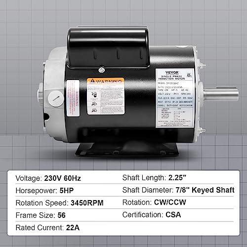 Vevor 5Hp Air Compressor Electric Motor, 230V 22 Amps, 56Hz Frame 3450Rpm, 7/8" Keyed Shaft, Cw/Ccw Rotation, 2.25" Shaft Length For Air Compressors #TOP6