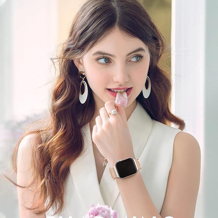 Image of Meyaar Magnetic Loop for Apple Watch Band 46mm 42mm 44mm 45mm 49mm Women Men,Magnet Stainless Steel Mesh Metal Strap for iWatch Ultra /2 Series 10 9 8 7 6 5 4,SE /2nd Generation (Pink- Rose Gold)