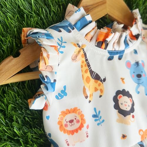 Image of Stanwells Kids Baby Girls Off-White Animal Print Cotton Rayon Knee-Length Frock | Sleeveless Summer Dress with Lion Print & Flared Back Zipper (6 Months-7 Years)