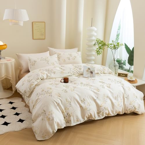ECOCOTT Vintage Wash Painting Floral Duvet Cover Sets Queen Size,3 Pieces 100% Natural Cotton 1 Duvet Cover with Zipper and 2 Pillowcases, Ultra Soft and Easy Care Breathable Cozy Bedding Set