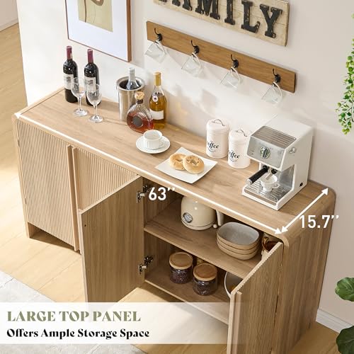 Image of AMERLIFE 63 inch Fluted Sideboard Buffet Cabinet with Storage, Modern Credenza Console with 4 Doors & Adjustable Shelves, Wood Coffee Bar for Kitchen, Living Room, Hallway, Natural Oak
