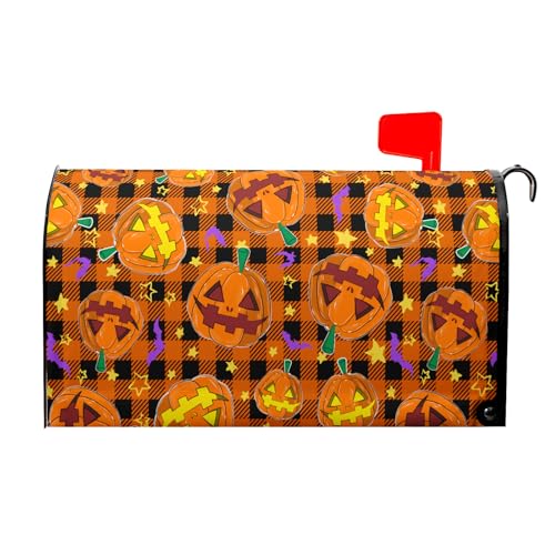 Image of Halloween Mailbox Cover Magnetic Standard Size 25.5x21 Inch Spooky Pumpkins Bats Mailbox Wrap Letter Post Cover with Black Orange Buffalo Plaids for Yard Garden Home Outdoor Decor