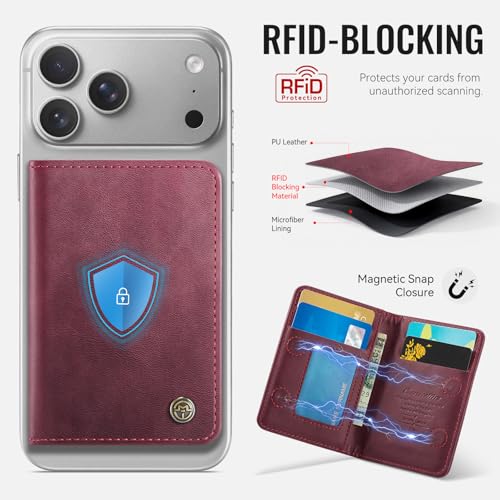 Image of Magnetic Wallet Card Holder with RFID Protection, PU Leather Slim Wallet, Strong Magnet Attachment for iPhone 18 /17 /16 /15 /14 /13 /12 Series Pro Max Plus Mini-Wine