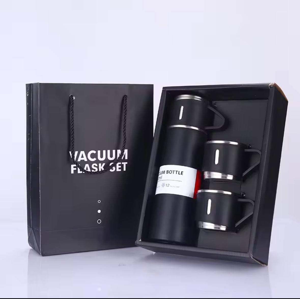 Double Wall Stainless Steel Thermo 500ml Vacuum Insulated Bottle Water Flask Gift Set with Two Cups Hot & Cold