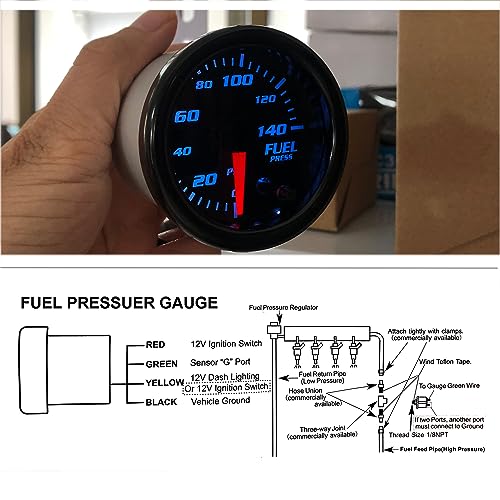 Image of 2-1 /16 inch 52mm Fuel Pressure Gauge, Tinted, 7 Color, 0-140 PSI | Includes Electronic Sensor, Kit