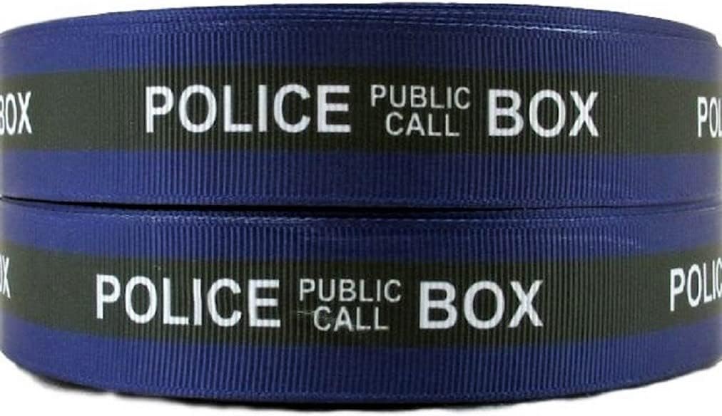 DW Tardis Public Call Box 1" Wide Repeat Ribbon Sold in Yard Lots (5 Yards)