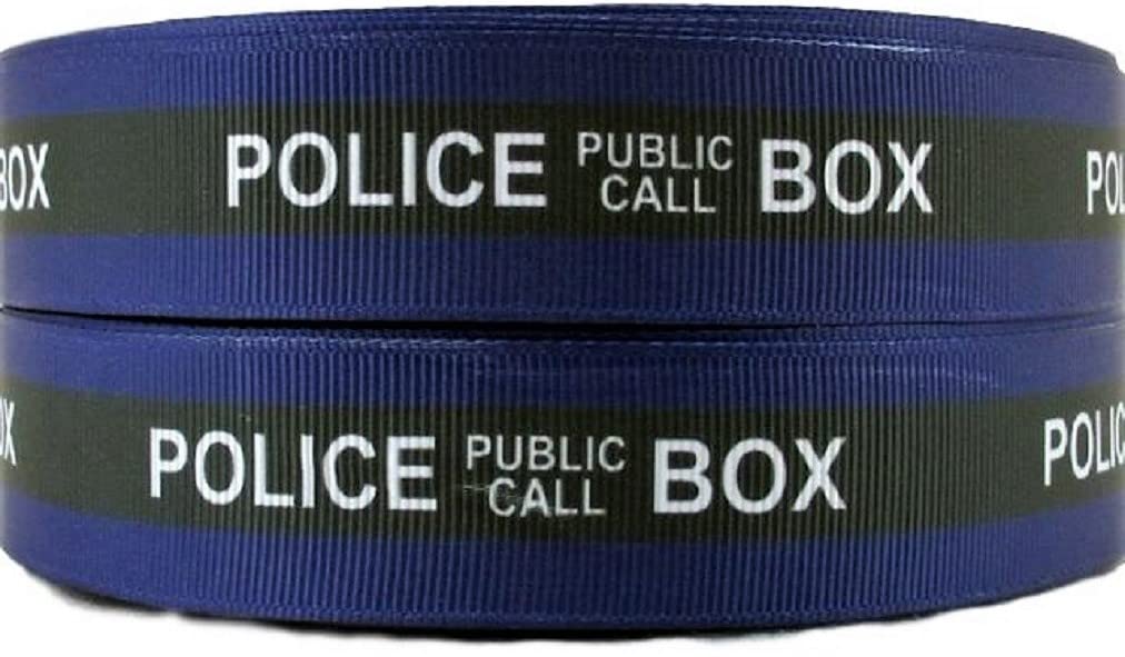DW Tardis Public Call Box 1" Wide Repeat Ribbon Sold in Yard Lots (5 Yards)