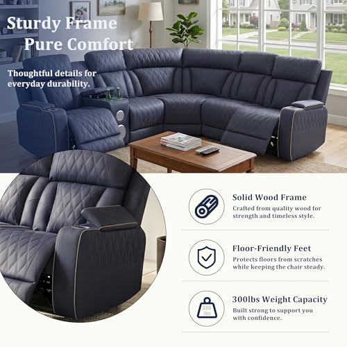 Image of Power Recliner Sectional Sofa, L-Shaped Living Room Furniture, 5 Seaters Reclining Sectional Couch with Storage Console /Cup Holder, Navy Leather Furniture for Living Room /House /Apartment