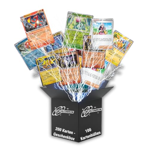 Juego de 200 cartas de Pokémon en alemán – Originales cartas coleccionables Pokemon incluye 25 holo/holo inverso + 100 fundas para tarjetas – sin duplicados – Caja de regalo para niños y