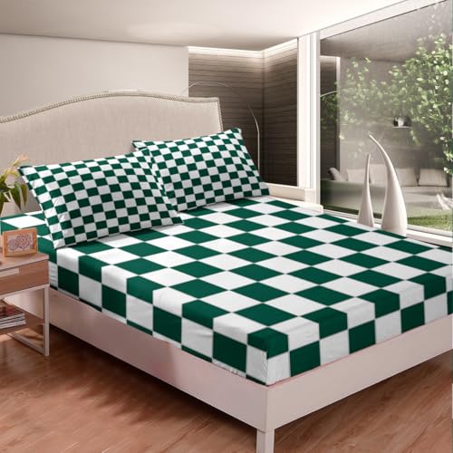 Image of Erosebridal Aesthetic Checkered Bedding Queen White Green Checkerboard Sheet Set,Buffalo Plaid Grid Bed Sheets for Kids Teen Adults Geometric Gingham Bed Sheet Set 4 Piece