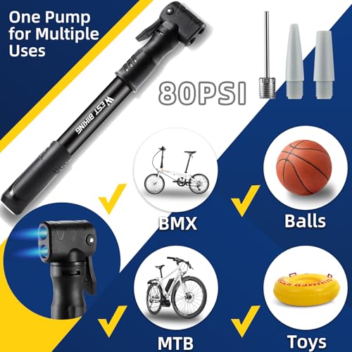 Image of Bicycle Pump Mini Bike Pump - Aluminum Alloy Cycle Pump for Presta & Schrader Valve, Portable Lightweight Bike Tyre Pump Fast Tyre Inflation Mini Air Pump for Mountain Road Bike Ball Pump