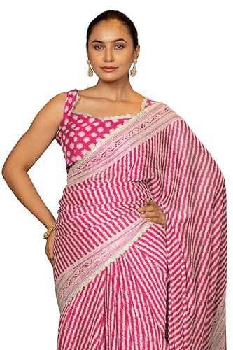 Image of MIRCHI FASHION Women Saree Leheriya Print Chiffon | Lightweight Traditional Sari for Farewell and Wedding Ceremonies with Unstitched Blouse Piece