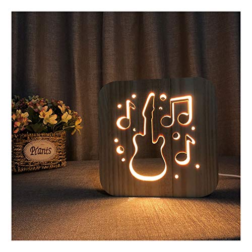 LED Nachttischlampe 3D Holz Geschnitzt Nachtlicht Gitarre NightLight Kinder Kinder Lesestation Schreibtisch Tischleuchte(Color:EIN)