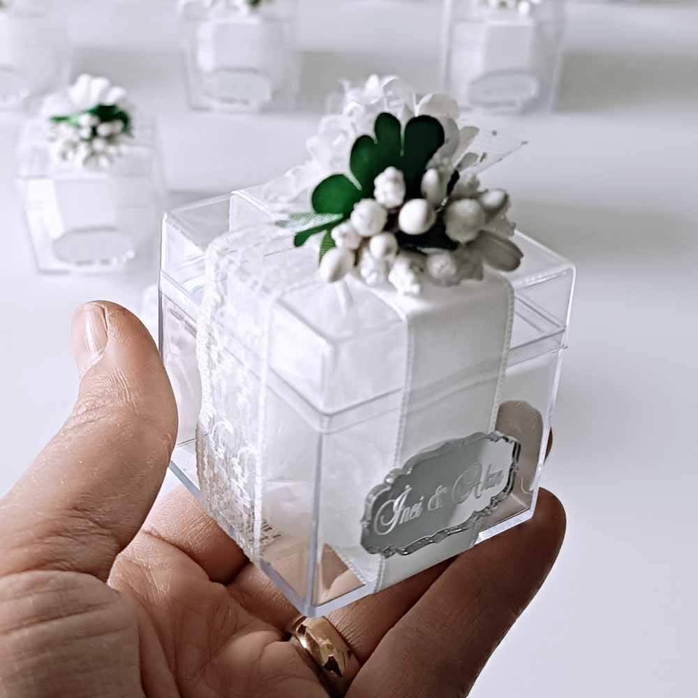10 PCS Clear Box Candle Favor, Artificial Baby’s Breath & Flower, Satin Ribbon Decor, Rose Ball Candle, Wedding Engagement Party Gift