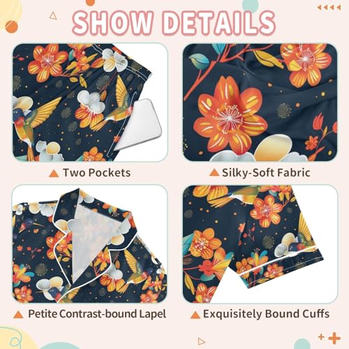senya Flower on Bird Satin Summer Pajama Sets Silk Short Sleeve Button Down Sleepwear3