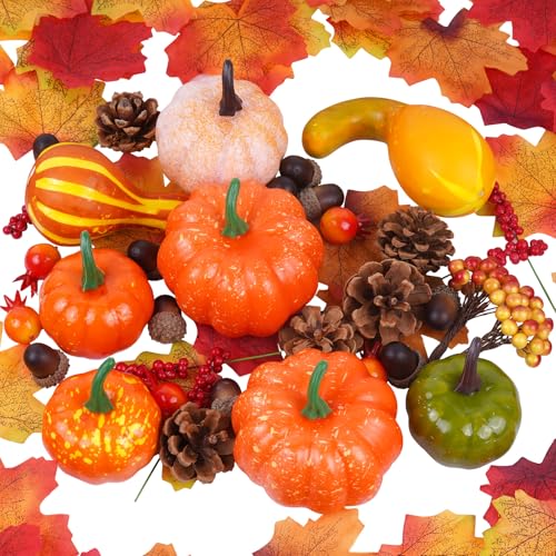 POFIBO 134 Pcs Herbstdeko Kürbis Set, Kürbis Deko, Herbst Künstliche Ahornblätter, Kleine Eicheln, Tannenzapfen Granatäpfel, Halloween Innen Tisch Herbst deko Thanksgiving Draussen Party Dekoration