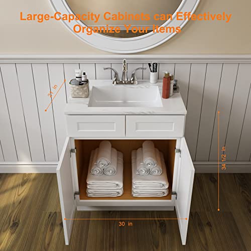 Lovmor Sw-Vs30 30" Inch Base Cabinet, Single-Sink Bathroom Vanity Soft Closing Doors & Adjustable Shelves, 21" D30 W34-1/2 H, White #TOP2