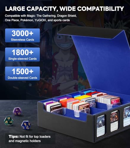 Image of MoKo Card Storage Box for Trading Cards, 3000+ MTG Deck Box with 24 Colorful Dividers & 4 Card Supporters, Commander Card Deck Case with Display Window, Fits for Magic Game Cards, YugiOh, Black Blue
