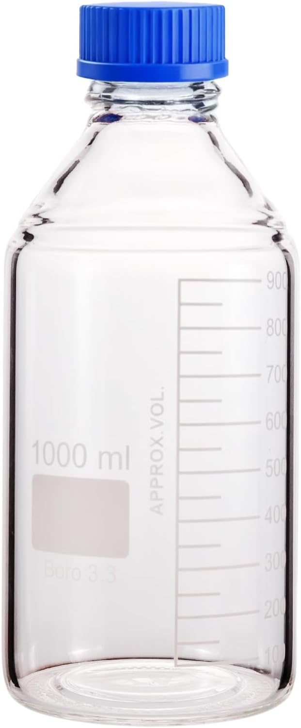 1000ml Glass Round Media Storage Bottle with GL45 Screw Cap, Borosilicate Glass Media Bottle (Pack of 1)