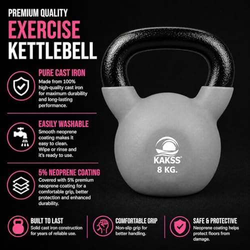 Image of KAKSS Half Coating Neoprene Kettlebell, 8kg Grey Cast Iron Kettle Bell with Non-Slip Grip Handle for Strength Training, Home Gym Workout Equipment for Men & Women (Proudly Made in India)