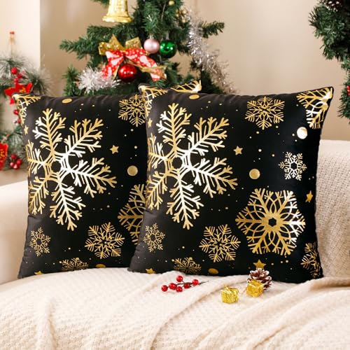 Miuyunya 2er Set Weihnachts Kissenbezug Schwarz 50x50 Weihnachten Gold...