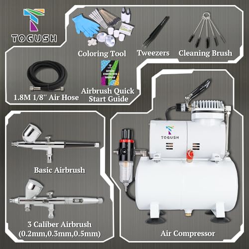T TOGUSH Airbrush Kit with Air Tank Compressor 2 Dual-Action Gravity Airbrush with 0.2mm 0.3mm 0.5mm Nozzle Air Compressor with Airbrush Coloring Tool Cleaning Brush for Model Paint Hobby Craft - Image 2