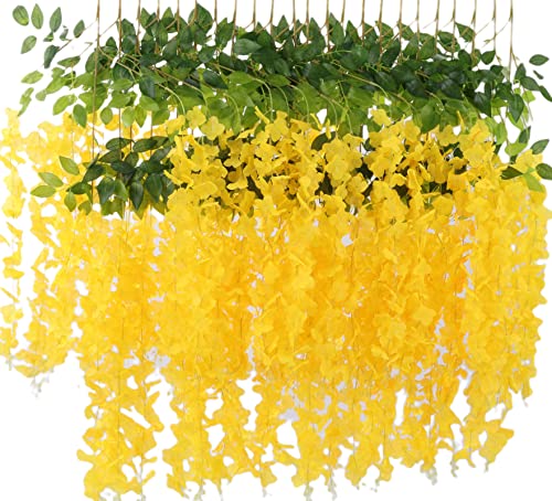 Fermus 24 Pack 3.6 Feet Artificial Wisteria Hanging Flowers Garland Fake Wisteria Vine For Garden Floral Wedding Decor (Yellow) #TOP20